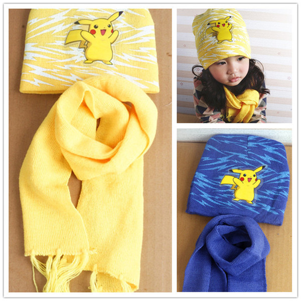 Winter Warm Children Hat & Scarf Set Poke Mon Go Pikachu Cartoon Cap Knitted Beanie Hats Caps Long Scrarves for 3-10 Years Old Kids