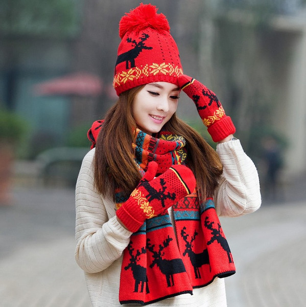 Christmas Hat Scarf Gloves 3pcs Sets Autumn Winter Women'S Knitted Warm Scarf Windproof Cute Multifunctional For Girls