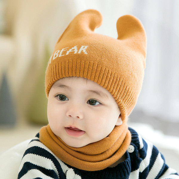 Cute Newborn Baby Beanies Hat Scarves - Bear Knitted Warm Hat Scarf Set - Infant Cap Protects Ear Baby Winter Caps + Scarf