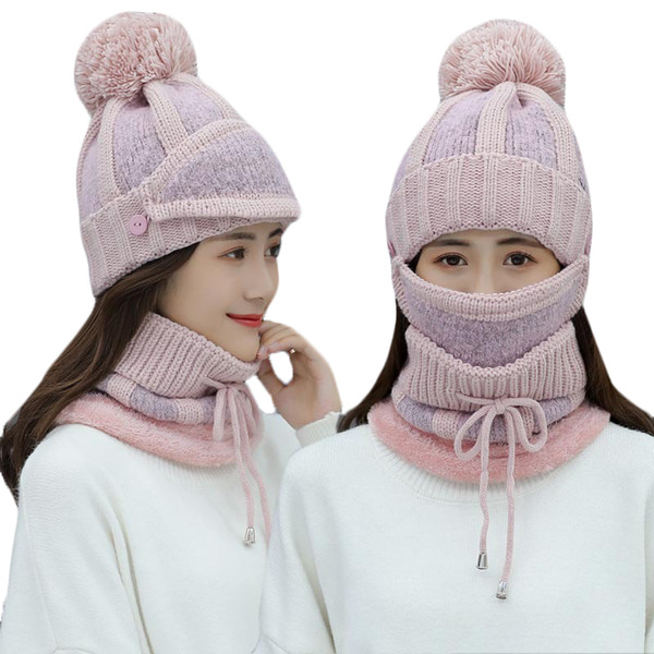 High Quality Wool Plus Velvet Knitted Cap Collar Winter Pompom Hat Scarf Sets For Women Girls Warm Knitted Scarf Masks Hat 3pcs