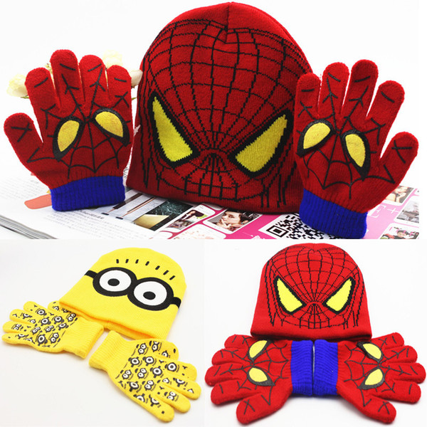 Gloves + Hat Children's Winter Cartoon Glove Hat Sets Fashion Kids Baby Warm Knitted Caps Spiderman hat gloves