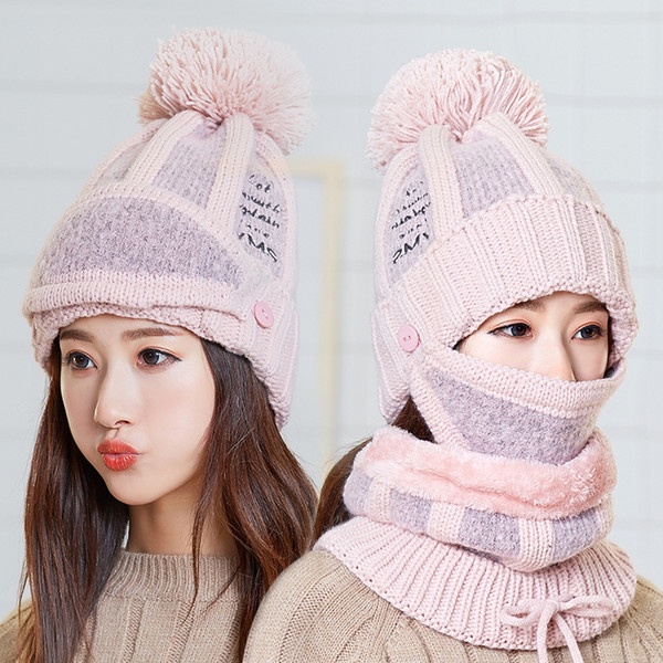 Knitted hat bib one wool cap Women's winter earmuffs plus velvet warm hat hat+bib+mask 3pcs warm suit