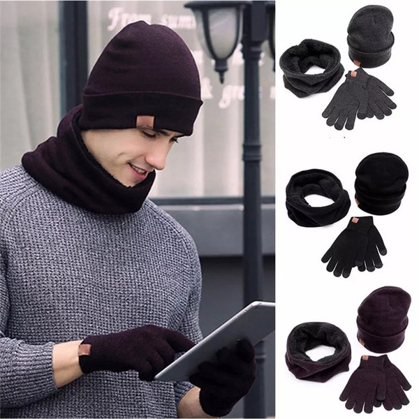 Hat Scarf Gloves Set Winter Touch Gloves Men Women Knitted Collar Scarf Warm 3 Piece Set Touch Screen Smart Phone Glove Neckerchief YFA412