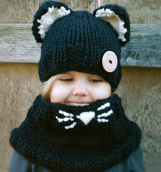 Cat shawl cap autumn winter wool hand-made cap baby scarf set for two children hooded