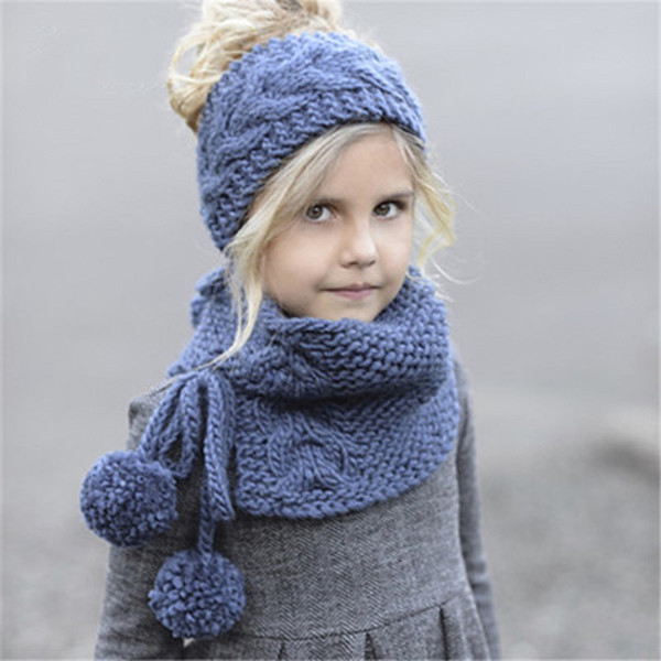Baby Girls Boys Knitting Headband Caps Children Hats Scarves Sets Winter Crochet Hair Band Children Knitted 2 IN 1 Scarf Hat