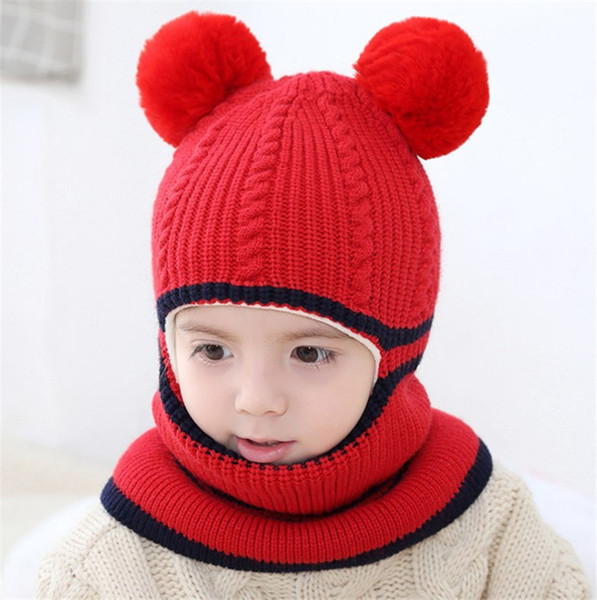 Unisex Children Ball Crochet Knitted Caps And Scarf Winter Warm Earflap Suit Set Baby Toddler Warm Kids Cute Pattern Beanies Hat Set