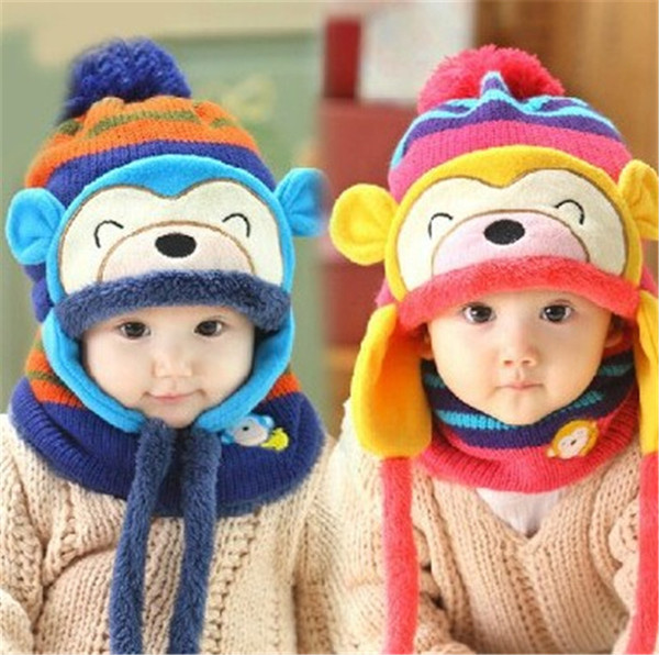 New Little Monkey Baby Winter Knitted Beanie Hat And Scarf Set Toddler Kids Warm Balaclava Cap Outdoor Skiing Sports Scarf Sets