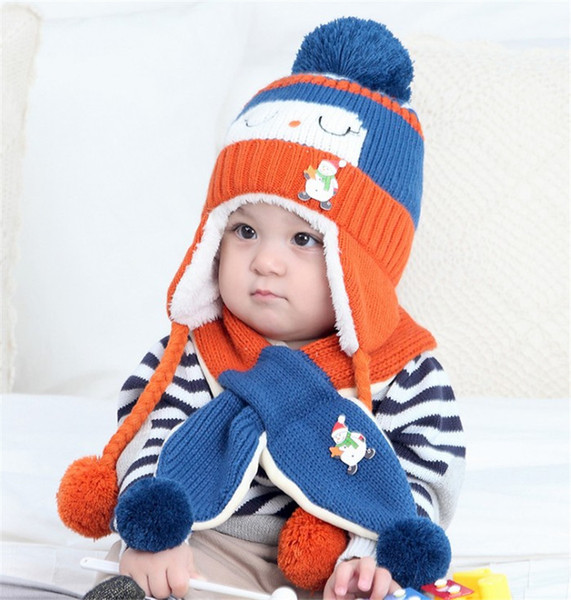 New Snowman Shy Girl Boy Baby Winter Knitted Beanie Hat And Scarf Set Toddler Kids Warm Balaclava Cap Outdoor Skiing Sports Scarf Sets