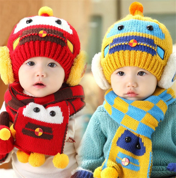 New Little Car Bus Baby Winter Knitted Beanie Hat And Scarf Set Toddler Kids Warm Balaclava Cap Outdoor Skiing Sports Scarf Sets