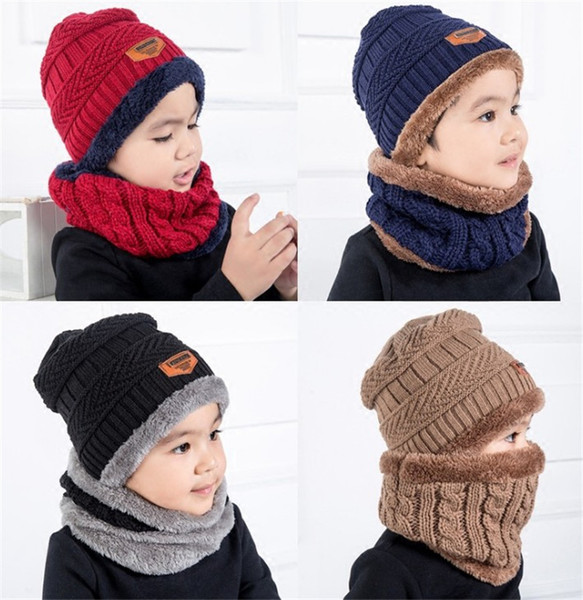 New Boys Girls Winter Knitted Beanie Hat And Scarf Set Toddler Kids Warm Fleece Mask Balaclava Cap Outdoor Skiing Sports Scarf Sets