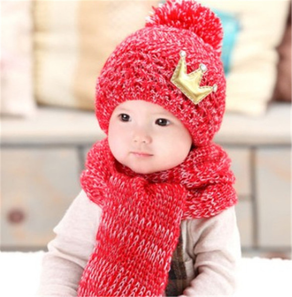 New Crown Girl Boy Baby Winter Knitted Beanie Hat And Scarf Set Toddler Kids Warm Balaclava Cap Outdoor Skiing Sports Scarf Sets