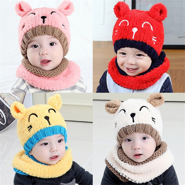 Smile Face Little Cat Baby Winter Knitted Beanie Hat And Scarf Set Toddler Kids Warm Balaclava Cap Outdoor Skiing Sports Scarf Sets