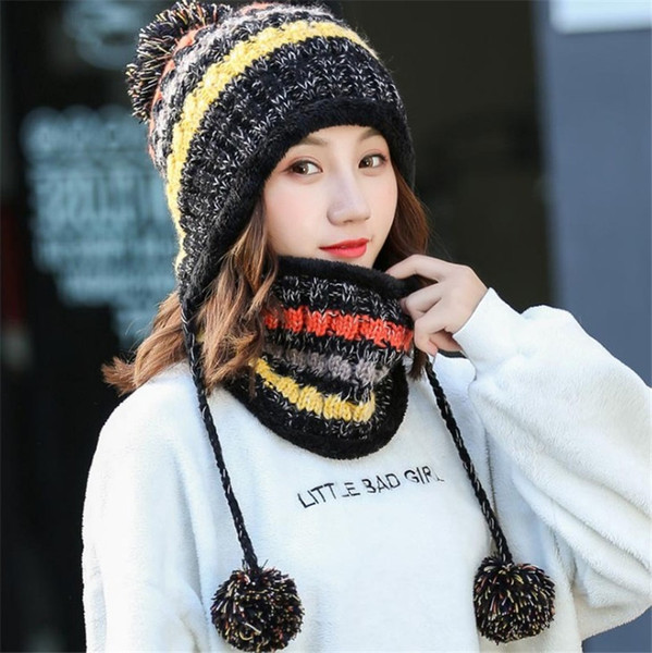 New 6 Colors Colorful Women Winter Knitted Beanie Hat And Scarf Set Girls Warm Balaclava Cap Outdoor Skiing Sports Scarf Sets