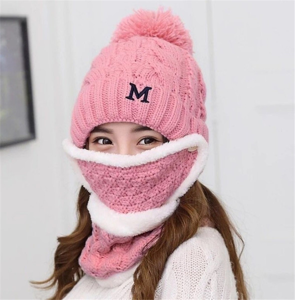 New Women Letter M Winter Knitted Beanie Hat And Scarf Set Girls Warm Balaclava Cap Outdoor Skiing Sports Scarf Sets