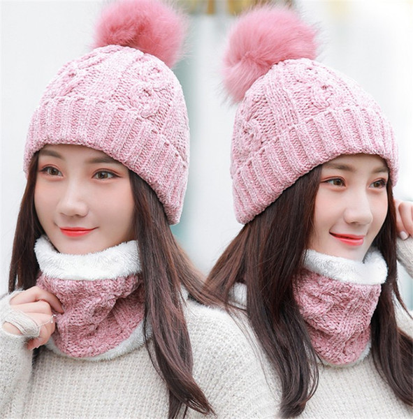 New 6 Colors Women Winter Knitted Beanie Hat And Scarf Set Girls Warm Balaclava Cap Outdoor Skiing Sports Scarf Sets