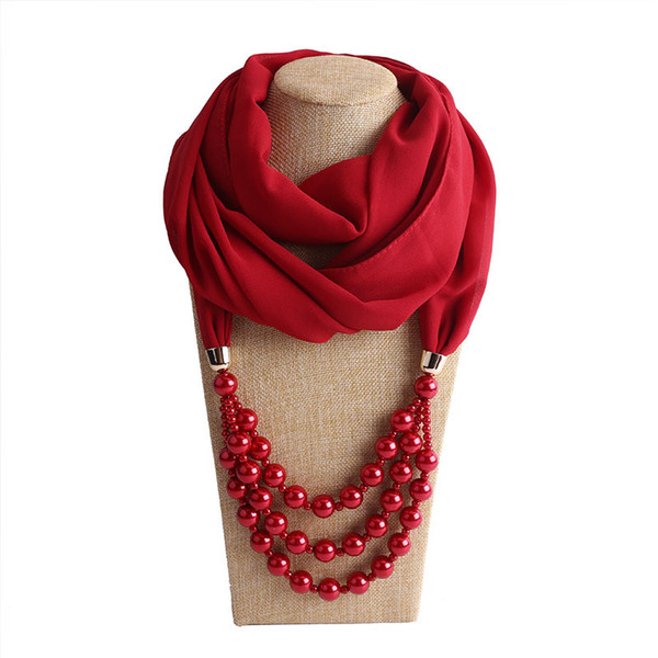 Ethnic National Pendant Scarves New Fashion Woman Spring and Autumn High Quality Imitation Pearl Plain Chiffon Wraps