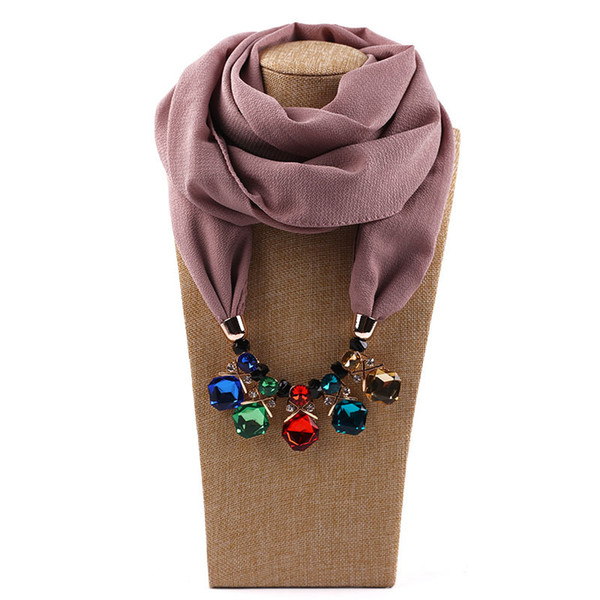 Vintage Scarf For Woman European and American Style Wrap Fashion Lady Multicolor Rhinestone Beads Plain Chiffon Alloy Pendant Scarves