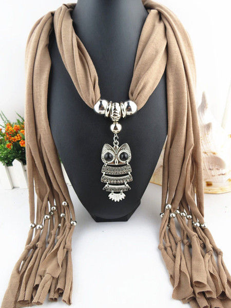 Alloy Owl Pendant Scarves For Woman National Ethnic Plain Polyester Wraps New Fashion Lady Tassels Scarf