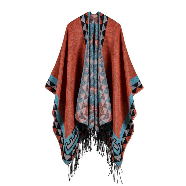 Vintage Shawls For Women Luxury Fashion Poncho High Quality Imitation Cashmere Rhombus Style Tassels Long Scarves & Wraps