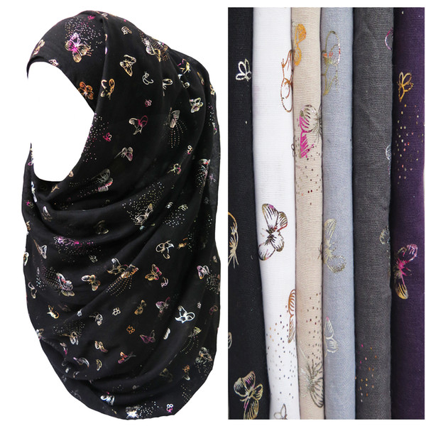 Fashion Versatile Metallic Colorful Butterfly Pattern Muslim Hijab Scarf Basic Long Wide Shawl Head Wrap Large Size