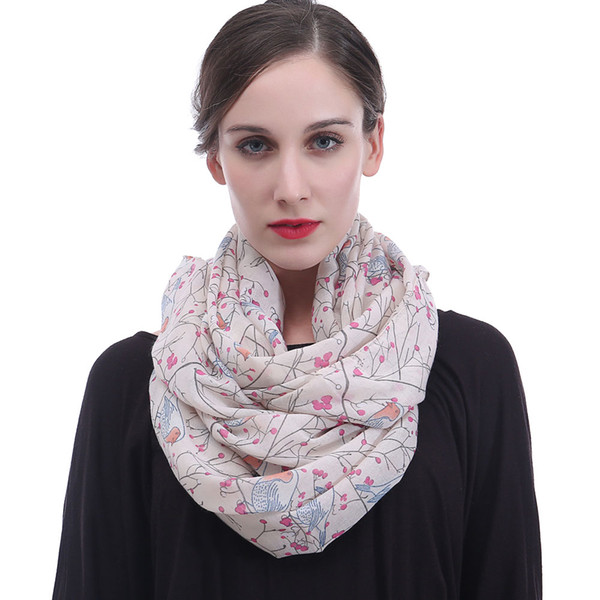 Fashion Robin Bird Print Women Infinity Scarf Wrap Large Size Soft Light Weight for All Seasons