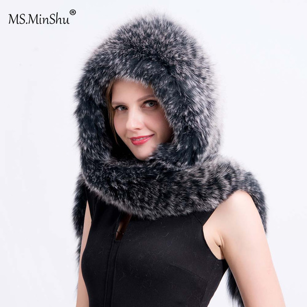 MS.MinShu Drop Shipping Genuine Fox Fur Cap with Scarf Hand Knitted Real Fox Fur Shawl Hat Fashion Winter Hat Fluffy Cap