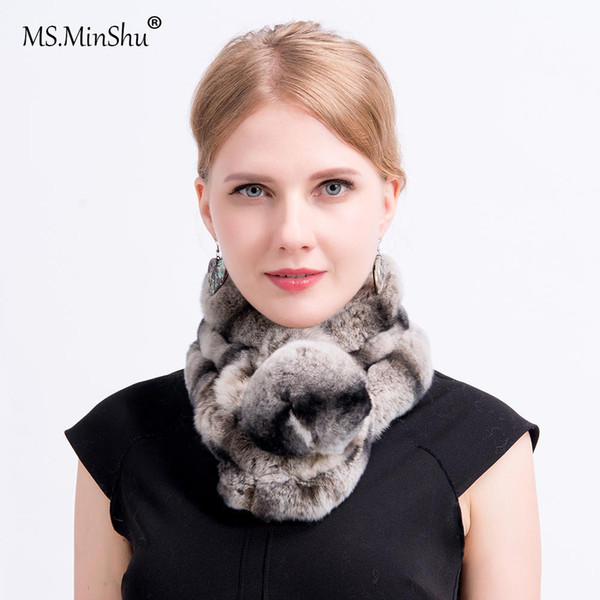 MS.MinShu Rex Rabbit Hair Scarf Chinchilla Design Rex Rabbit Fur Scarf Thicken Winter Neck Warmer Fashion Woman Soft Fur Scarfs