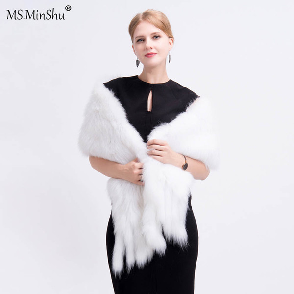 Ms.MinShu Drop Shipping White Fox Fur Shawl Hand Knitted Foxs Fur Wrap Natural Fox Hair Scarf with Fringes Wedding Shawl