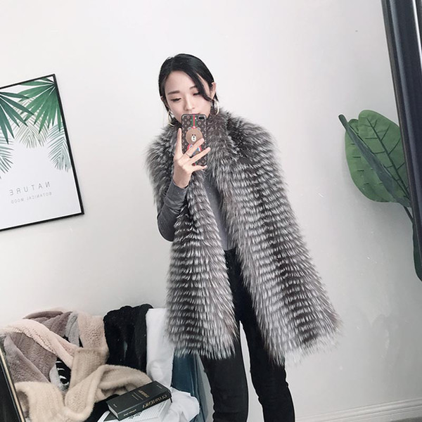 MS.MinShu Natural Fox Fur Shawl Silver Foxs Fur Scarf striped in Layers design Real Fox Hair Shawl Winter Luxury Fluffy Stole