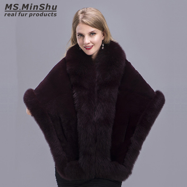 Women Shawl Fox Fur Trimmed Genuine Fox Fur Wrap Winter Female Cape Fox Fur Trimmed Stole Winter Warm Poncho