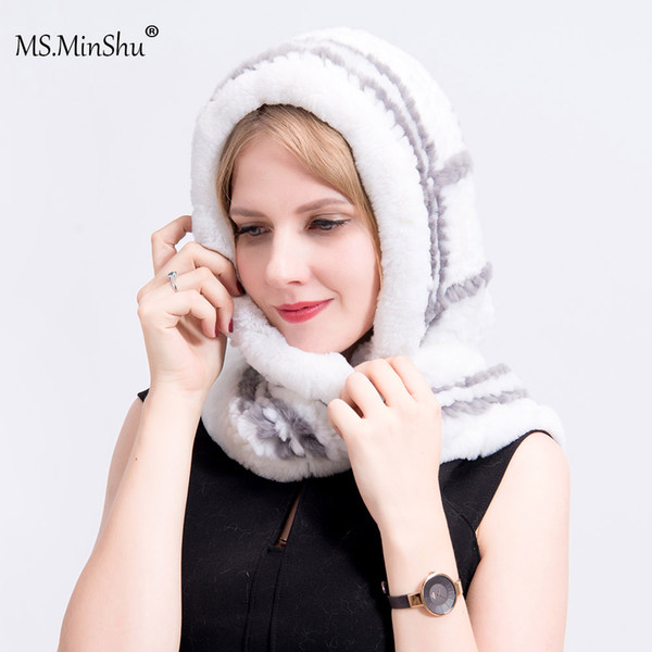 MS.MinShu Winter Hat Real Fur Hat with Scarf Women Cap Plaid Real Rex Rabbit Fur Hooded Scarf Lady's Head Warmer Cap Scarf