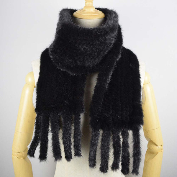 Hand Knitted Mink Hair Scarf Genuine Mink Hair Neck Warmer for Women Fashion Real Fur Scarf with Fringes