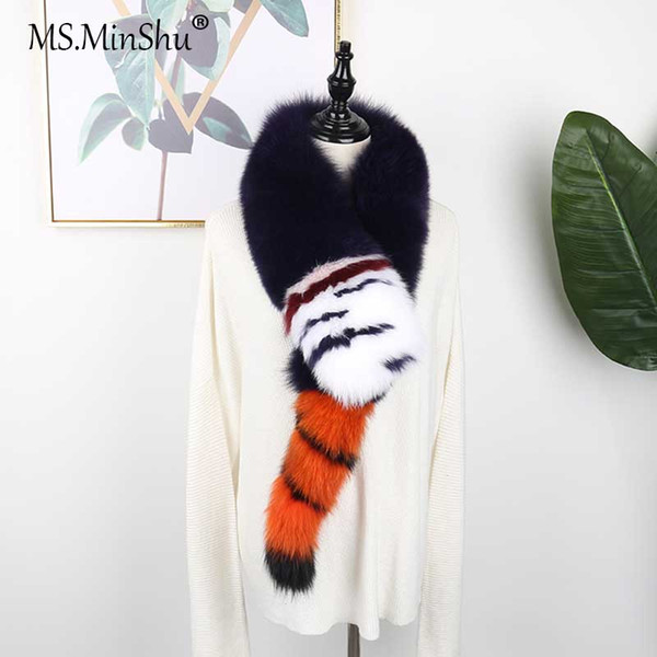 Ms.MinShu Whole skin Fox Hair Scarf with Tail Luxury Genuine Fox Fur Scarfs for Women Flush Foxs Hair Scarf Winter Scarf for Ladies