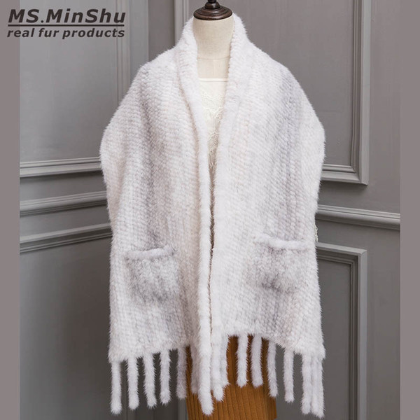 Lady's Wraps Natural Mink Shawl Fur Hand Knitted Fashion Poncho Luxury Fur Shawl Female Real Fur Scarf Mink