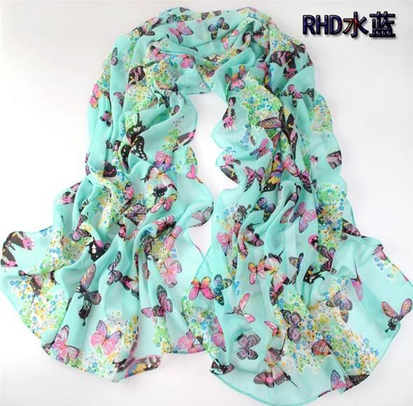 100% silk New Coming Women's Colorful Butterfly Patterned Fashion Scarf Print Long Voile Fabric Slik Soft Scarf