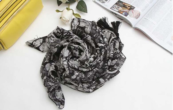 100% silk New ComingBig angel skeleton large black and white stereo tassel design manual clasp chiffon scarf shawl