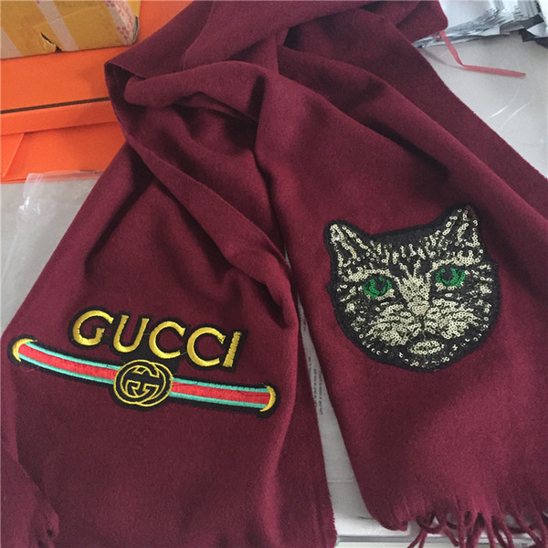 Designer cashmere scarf embroidered sequin sequin cat pattern cashmere scarf soft wool winter warm men's and women's shawl 180*70 cm