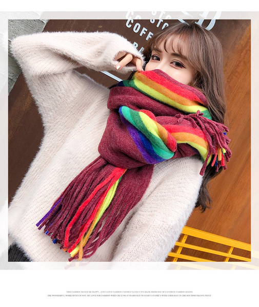 Free Shipping Fashion Autumn And Winter Warm Thick Scarf Female Imitation Cashmere Dual-Use Rainbow Stripes Large Shawl Long Cloak Coat