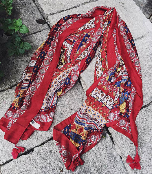 Autumn Thin Style scarf Tassel Retro Cultural Totem Cotton And Linen Sun Protection Shawl Beach Towel Woman