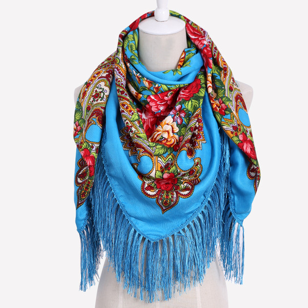 HOT Sale Russian Brand New Fashion Big Size Square Scarf Cotton Long Tassel Print Scarf in Spring Winter Shawl For Women Floural