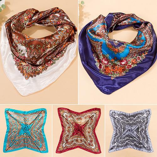 Women's Big Square Silk-Like Imitated Satin Scarf Flower Printing Shawl