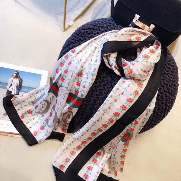 2019 NEW Hot Silk Scarf for Women Spring Summer European design Rose flower printed green red Long Scarves Wrap with Tag 180x90Cm Shawls