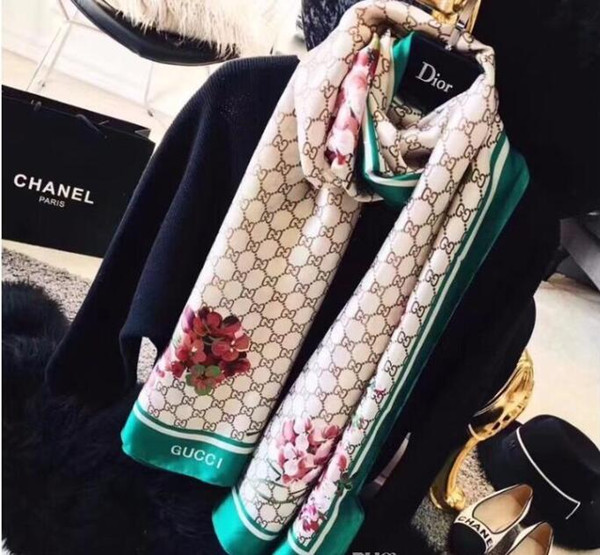 Luxury Brand Silk scarf for Women 2019 Summer Designer Full Logo Green Floral Flower Long Scarves Wrap With Tag 180x90Cm Shawls SC43