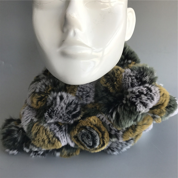 Yellow Womens Real Rex Rabbit Fur soft Scarves W Flower Winter Warm Scarf Neck Warmer