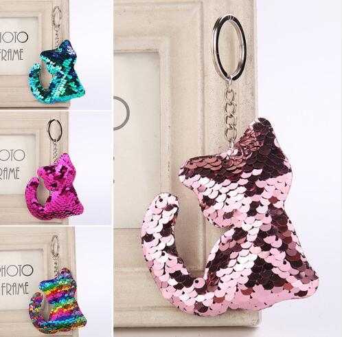 HOT Cute Sequins Cat Keychain Glitter Kitty Key Ring Gifts for Women Llavero Chaveros Charms Car Bag Accessories Key Chain Size 8*12cm ca36