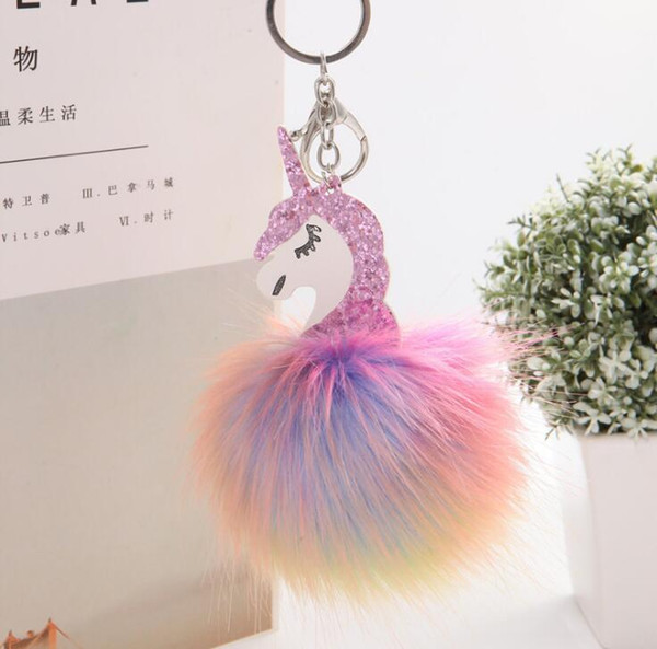 Unicorn Horse Pom Pom Phone Car Keychain Pendant Handbag Key Ring Chain Pendant Women Car Styling Fluffy Fur Pompom Keyring