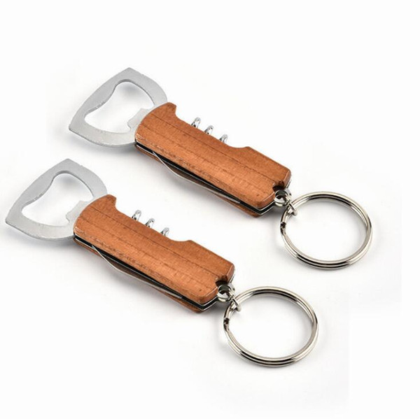 Wine Bottle Opener Keychain Stainless Steel Multifunctionial Wooden Handle Opener Portable Corkscrew Wine Beer Openers OOA6534