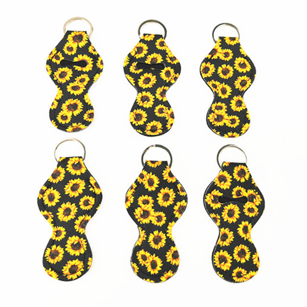 Black Sunflower Print Chapstick Holder Neoprene Keychains Lipstick Organizer Bags Cover Wrap Lip Balm Key Rings Wholesale