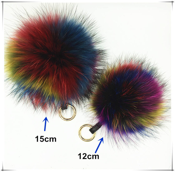 Ms.Minshu Real Raccoon Pompom Keychain Multi colors Colorful Fox Fur Ball Key chain Fur charm for Bag Big Pompom