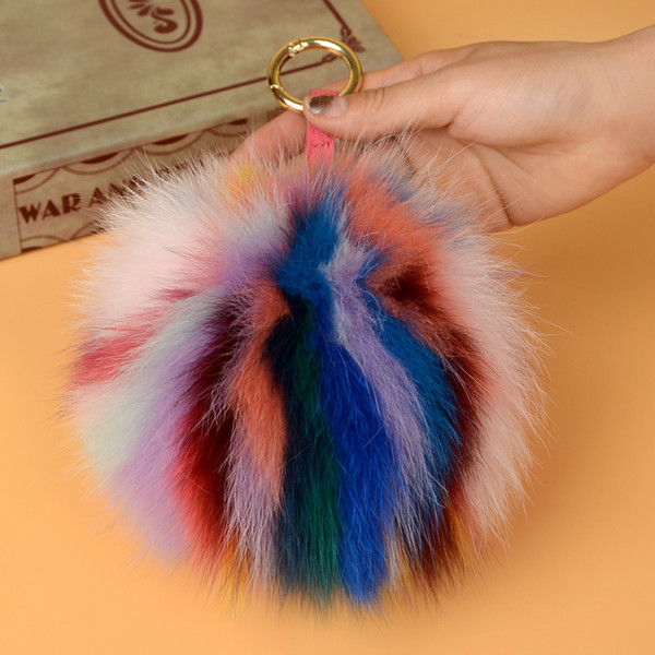 Ms.MinShu Brand Fur Pompom Charm 15cm Natural Fox Ball Keychains Genuine Fox Bag Charm Big Fluffy Pompom Fur Charm